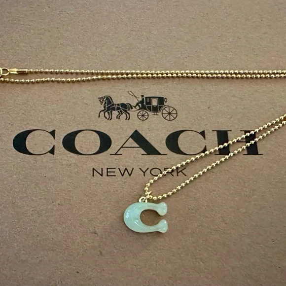 Coach Translucent Jade Green “C” Pendant 18k/.925 Necklace - Picture 2 of 9